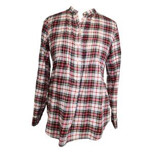 LANDS END Womens Long Sleeve Flannel Plaid Mandarin Collar Shirt Top Size 12 Med